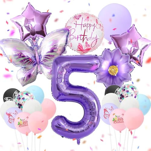 24 Stück lila schmetterlinge luftballons 5 Jahre geburtstagsdeko mädchen folienballon 5. Kindergeburtstag schmetterling Deko Happy Birthday Decorations Themenparty Dekoration