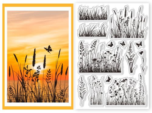 CHGCRAFT Grass Clear Stamps Butterfly Silicone Stamps for Crafting Transparent Silicone Stamp Seals for DIY Crafts Scrapbooking Decoration Card Making Photo Album Postcard