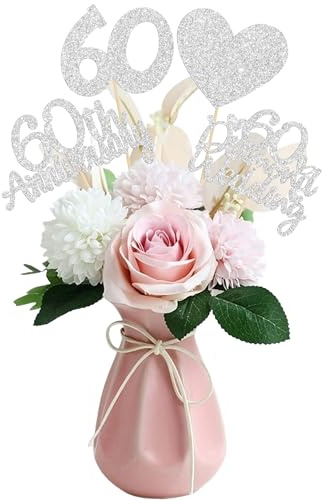 Gyufise 12 bastoncini centrotavola per 60° anniversario, a doppia faccia, con cuori glitterati dorati, 60 diamanti per anniversario di matrimonio, centrotavola per applausi fino a 60 anni benedetti e