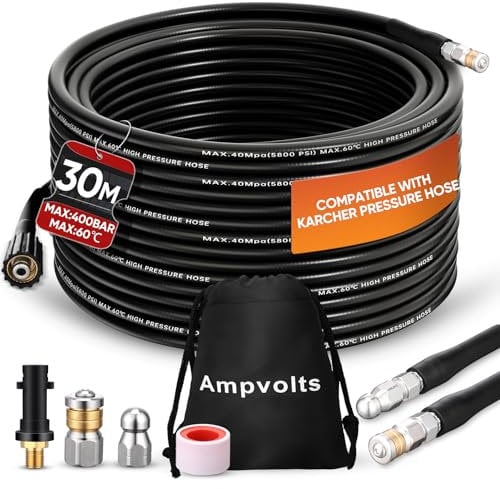 Ampvolts 30m sonda sturatubi per idropulitrice - 400 Bar/5800 PSI, Sonda Spurgatubi Compatibile con karcher K2 K3 K4 K5 K6 K7 - Per una Pulizia Facile di Tubi e Lavandini Intasati