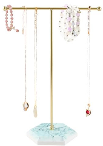 Jewellery Organiser Stand, T-Bar MetalNecklace Display Stand Earrings Holder Gold Hanging Pendant Storage Rack with Marble Pattern Tray Jewelry Display Stand for Bracelets Rings Keys Watches