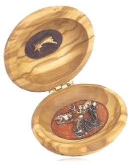 Generico COFANETTO in legno d' ulio, ovale con fondo smaltato, presepe formato dalla natività ed animali e stella cometa, in metallo. Decorazione natalizia artigianale.made in Italy (PICCOLO)