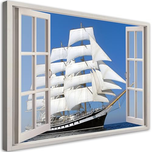 Feeby Bilder - Foto Geschenk - Fensterblick Schiff Meer - 90x60 1tlg - Leinwandbilder Wohnzimmer - Vlies Wandbild über dem Bett - Bild Schlafzimmer - Aesthetic Deko - Modern Pictures