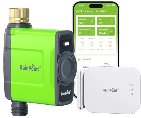 RAINPOINT Bewässerungscomputer WLAN mit Antennen-Gateway und Messingeinlass IP65 Bewässerungssteuerung mit APP/Sprachsteuerung Wetterbasiert Automatisches Bewässerungssystem für Garten