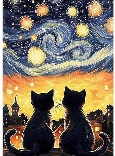 GHHKUD Katze Sternennacht Diamond Painting für Erwachsene, 5D DIY Diamant Painting Bilder für Erwachsene Anfänger, Diamond Art Painting Set, Full Drill Diamant Malerei für Haus Dekoration 30x40 cm