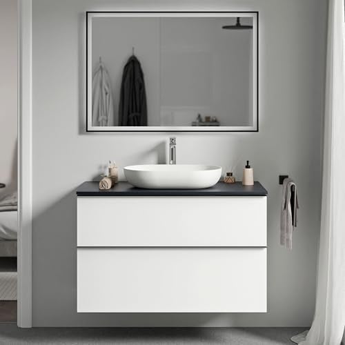 BERNSTEIN - Waschbeckenunterschrank zum Aufhängen, für Badezimmer, MDF, weiß, matt, Nachtblau, Griff aus Metall, mattschwarz – 80 x 46 x 62 cm – LAVOA