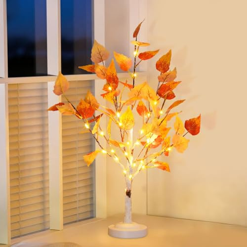 LED Baum Lichter, LED Lichterbaum Herbst Deko Innen, Birkenstämme Herbstdeko mit 24 LEDs, Verstellbare Äste, Warmweiß Lichterzweige Aesthetic Dekoration, USB/Batteriebetrieben Baum Lampe (Ahornblatt)