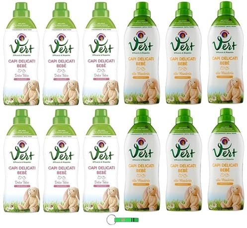 CHANTECLAIR VERT Detersivo per bambini, pacchetto di test per mandorle/talco, detersivo liquido Capi Delicati Bebè – Detersivo igienico per capi delicati – 12 x 750 ml