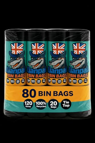Lianpak 120L, Heavy Duty, Extra Strong, Tie Top, 40 Microns, Large Refuse Sacks, Bin Bags, Bin Liners, Recycled, Tear Resistant, Every Day, Household, Kitchen, Commercial,20 Bags/Roll (80)