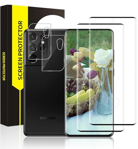 Cable Leader 2+2 Stück Schutzfolie für Panzerglas für Samsung Galaxy S21 Ultra 5G, Kameraschutz+9H Härte Schutzglas, Blasenfreie, Sensitive Touch, 3D Kante, Ultra-Klar Samsung S21 Ultra Displayschutz