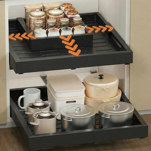 2 Stück 4 Richtungen Teleskopschublade Ausziehbare Küche Schublade, Auszug Nachrüsten Schubladeneinsatz, Küchen und Schrankorganizer mit Klebestreifen (Schwarz, 12-19W x 17-23T (2Pack))