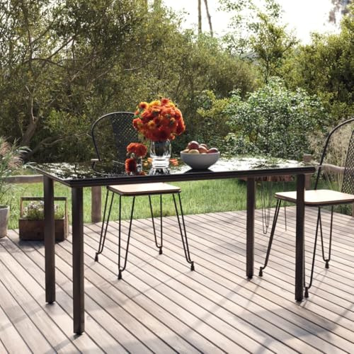 Teenpull Garten-Esstisch Schwarz 200x100x74 cm, pulverbeschichteter Stahl, Hartglas-Tischplatte, Stabiler Outdoor Dining Table für Terrasse & Balkon