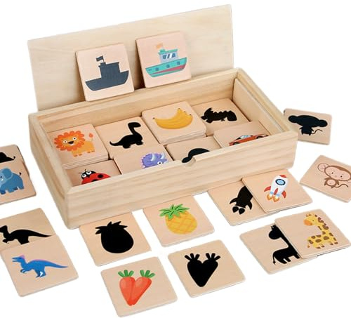 Shape Matching Game - Shadow Puzzle Wood, 8.78x4.65x1.69 Inches Pattern-Recognition Early Learning with 3D Tactile Pieces, Logic Board, Brain Development, Visual Perception Activity for Home Travel