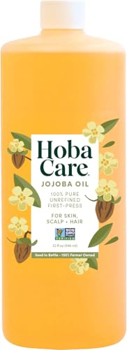 HobaCare Unrefined Cold Pressed Jojoba Oil for Skin Care, Hair, Beard Conditioning, Scalp Massage - 100% Pure Carrier Oil for Perfume or Soap Making - Natural, Vegan, Hexane Free (32 oz)
