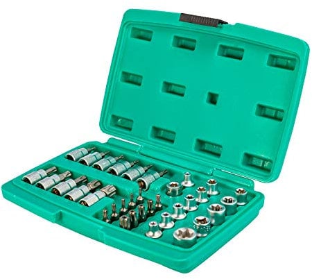 Nuss Satz 3/8 Zoll für TORX Schrauben 34tlg aus Q-20 Stahl von WIESEMANN 1893 I Steckschlüsseleinsatz für Außen-Torx Tamper-Torx und Innen-Torx-Schrauben I 80164