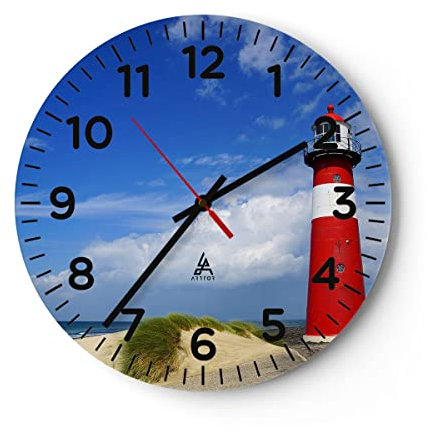 Modern Wanduhr Turm Leuchtturm Ozean Ufer 40x40cm Rund Groß Wand Uhr Glas Analog Zimmeruhren Küche Büro Wohnzimmer Glasuhr Wall Clock Dekoration Design Wanddekoration Küchenuhr C4AR40x40-2395