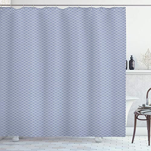 ABAKUHAUS japanisch Duschvorhang, Art Deco Scales Boho, Stoffliches Gewebe Badezimmerdekorationsset mit Haken, 175 x 200 cm, Blau Weiss