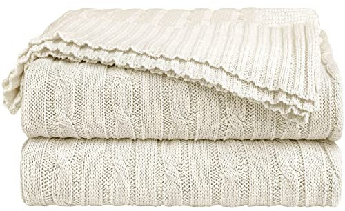 uxcell Strickdecke aus 100 % Baumwolle, für Sofa und Couch, weich, leicht, Zopfmuster, Heimdekoration, Decke, Beige, 127 x 152,4 cm