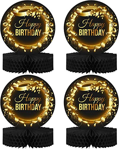 PixiPy Happy Birthday Table Decoration Centerpieces (4 Pack, Black & Rose Gold), Double-Sided Happy Birthday Centerpieces for Tables, Party Supplies for Elegant Birthday Decorations by