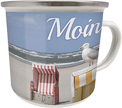 Blechwaren Fabrik Braunschweig GmbH Emaille Becher 0,5 L - Moin Moin MÖWE STRANDKORB - EB24 Tasse Urlaub Meer