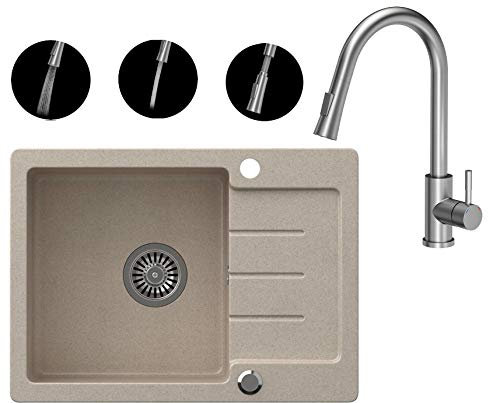 VBChome Spülbecken Beige Granit 60 x 44 cm Einzelbecken Einbauspüle gesprenkelt reversibel Verbundspüle + Siphon Waschbecken Aramtur