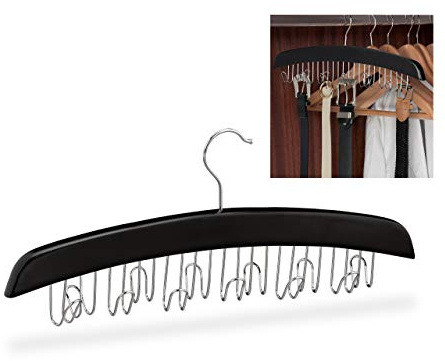 Relaxdays Gürtelhalter Kleiderschrank, Haken für 12 Gürtel, 360° drehbarer Haken, Holz, 17,5x43x5,5 cm, schwarz/Silber | 360° drehbarer Haken, Holz, 17,5x43x5,5 cm