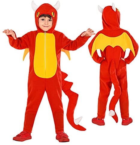 Widmann 03289 Children's Dragon Costume Jumpsuit with Hood, Wings, Tail, Fire Spit, Animal, Theme Party, Carnival