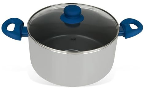 Tasty 678540 Casserole à induction avec dosage d'huile et couvercle, casserole, faitout, faitout à induction, Aluminium pressé, Polyester silicone, Verre, Greblon® C3, Gris, Bleu, 24 x 18 cm