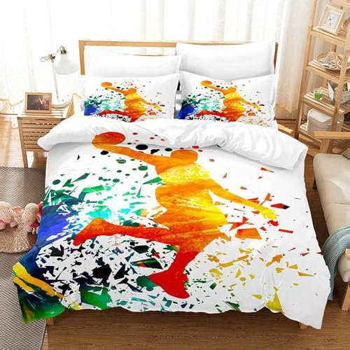 SANGOGO Copripiumino in piumino 3D stampato giocatore di basket set di biancheria da letto da 3 pezzi, super morbido, confortevole, bassa allergia fibra ultra-fine, con cerniera e federa (140×200CM)
