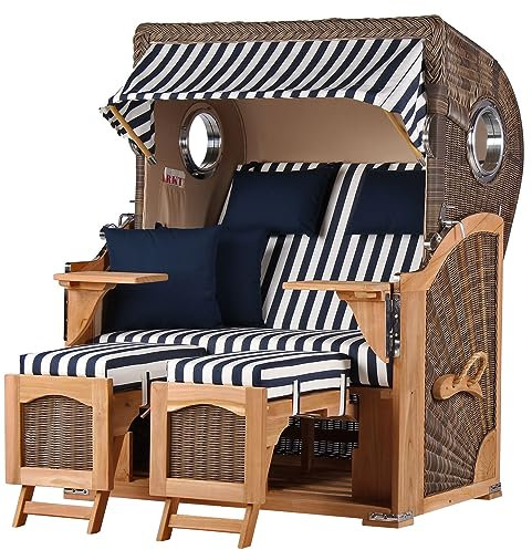 bene living Strandkorb Ammersee Teak Bullauge - PE grau - Modell 518 - Zweisitzer inkl. Liftersystem