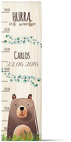 GRAVURZEILE Messlatte für Kinder aus Holz - Bär Design - mit Namen für Kinderzimmer - Skala misst 80-140 cm - Größe 20 x 70 x 2 cm - Geschenk zur Geburt für Mädchen & Jungen