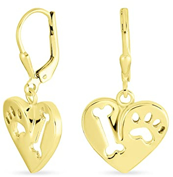 I Liebe My Dog Heart Shape Cut Out Puppy Pet Bone Animal Lieber Paw Print Drop Baumelnd Lever Back Earrings For Freundin 14K Yellow & Rosengold Vergoldet .925 Sterling Silver