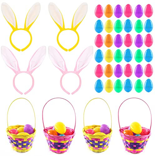 Easter Egg Hunt Pack - 44-Piece Party Pack - 2x Pair of Pink Rabbit Ears + 2x Pair of Yellow Rabbit Ears + 2x Small Pink Egg Baskets + 2x Small Yellow Egg Baskets + 36x Assorted Easter Egg Capsules