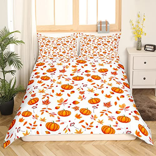 Halloween Kürbis Bettbezug Frohes Herbst Bettwäsche Set 135 x 200 Süße Herbstblumen Ahornblätter Bettbezug Thanksgiving Geschenke Bettbezug für Kinder Jungen Mädchen Herbst Zuhause Raumdekor 2 Stück