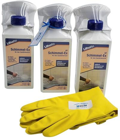 zbs24 Lithofin KF Schimmel-Ex 500ml, entfernt schwarze Stockflecken, Schimmel, Pilze, Algen, für Fliesen, Fugen, Putz und Mauerwerk, inkl. Latex Handschuhe Gr. 8 (3 x 500ml)