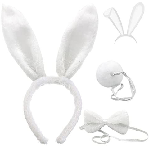 FUKPO Bandeau Oreilles de Lapin en Peluche, Serre Tete Femme Oreilles de Lapin de Pâques Queue Cravate Enfant Adulte, Serre Tête Oreille de Lapin Costume Accessoire Deguisement Fête Décoration(Blanc)