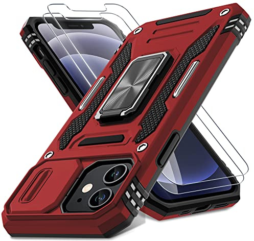 DEERLAMN for iPhone 12 Case,iPhone 12 Pro Case with Slide Camera Cover+Screen Protector(2 Packs),Rotated Ring Kickstand Military Grade Shockproof Protective Cover-Red