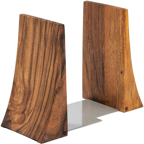 TILISMA Serre-livres en bois de noyer avec base en métal – 2 supports de livres faits à la main pour livres lourds – Accessoires décoratifs pour l'organisation et la présentation d'étagères