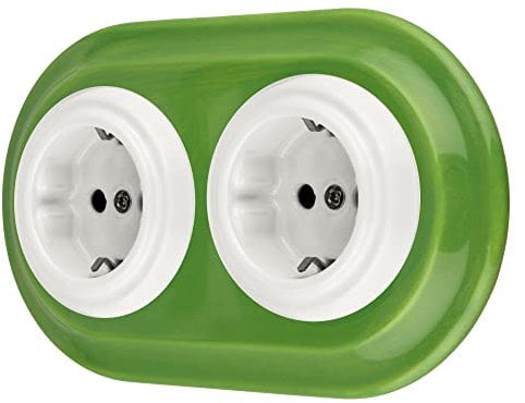 Unterputz Porzellan Retro Steckdose 2-fach, All-in-One, Serie PR1 gelbgrün