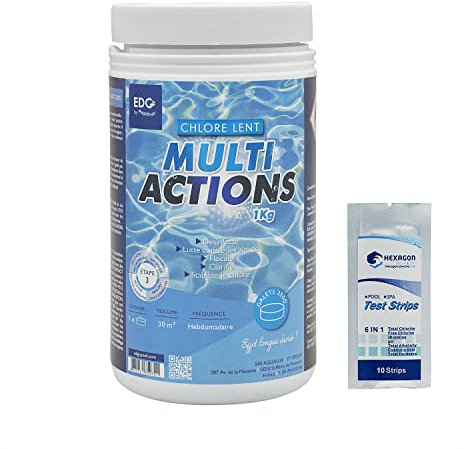 EDG by AQUALUX Chlore MULTIACTIONS Galets 250g - 1kg | Chlore Lent Stabilisé Multiaction - Désinfection Régulière Multifonction - Dissolution Lente + 10 Tests HPS OFFERTS 6 en 1