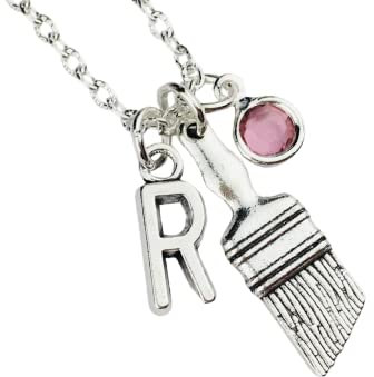 Personalised Paintbrush Necklace, sterling silver or silver plated chain initial birthstone crystal artist jewellery, handmade art teacher appreciation graduation birthday teen girl motivational brush