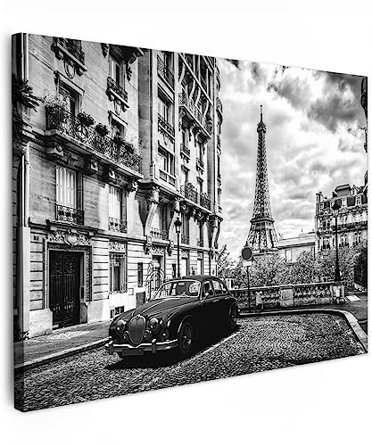 MuchoWow© Leinwand 80x60 cm Deko Schlafzimmer Aesthetic Leinwandbilder Wohnzimmer Gemälde Foto Geschenk Living Room Decoration Bilder Schwarz Weiß - Paris mit einem Auto - Weiss