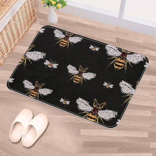 Luoweisi Embroidery Bee Door Mat Indoor/Outdoor, 40 x 60 cm, Multicolor/Black, Washable, Non-Slip, Low Profile, Space Theme