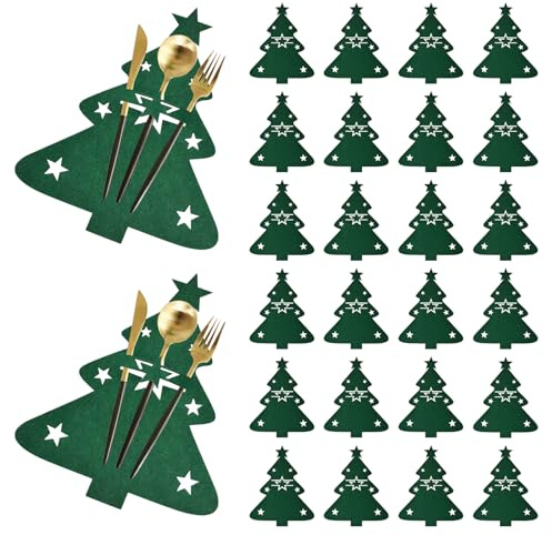 MOROBOR Christmas Cutlery Holder, 24pcs Christmas Silverware Holder Green Christmas Cutlery Bag Xmas Utensil Holder Cutlery Wraps Bag Christmas Party Dinner Table Supplies