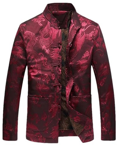 ZMIN Costume d'hiver en velours pour homme de style chinois, manteau dragon grande taille, manteau de dragon, veste épaisse, vêtements Wing Chun, Rouge, L