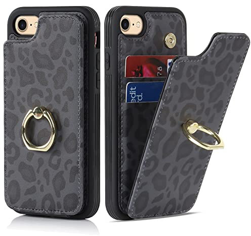 SailorTech für iPhone 7/8/SE2/SE3 Handyhülle mit Kreditkartenhalter für Frauen, iPhone 7/8/SE 2020/SE 2022 Hülle Ring-Ständer Kartenschlitze Standfunktion Modische Tasche für Männer-Schwarzer Leopard