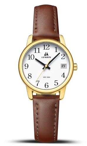 LN LENQIN Ladies Watches Analog Quartz Watch for Women Waterproof Women's Wrist Watches Easy Reader Womens Watch with Leather Strap(Dark Brown Gold White)