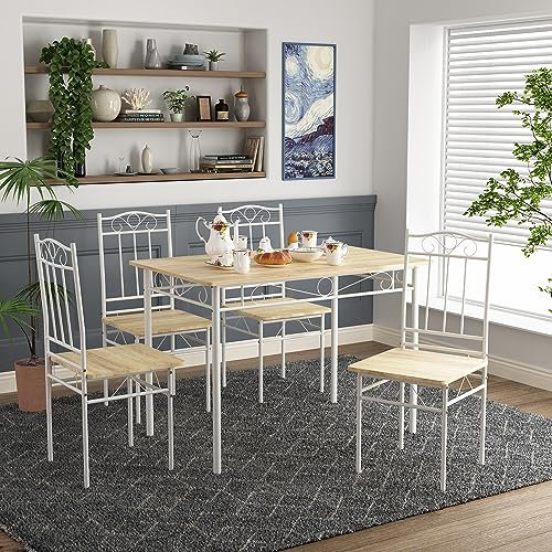 FURNITABLE Esstisch mit 4 Stühlen Set, Essgruppe für Küche Esszimmer Wohnzimmer, W109 x D48 x H75 cm, Buche + weißer Metallrahmen