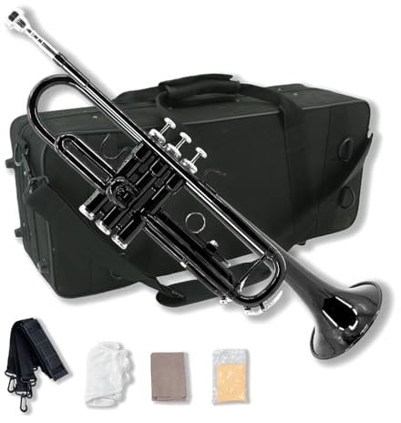 WUQIMUSC Standard Bb Trompete Set für Anfänger, Studenten Trompete, Messing Trompeteninstrument, B Flat, mit 7C Mundstück, Reinigungstuch, Handschuhen und harter Tragetasche (Schwarz)
