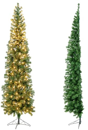 KOMFOTTEU Künstlicher Bleistiftbaum 210 cm mit 150 LED-Lichtern, Halber Weihnachtsbaum mit 403 Zweige & Metallständer, Christbaum Tannenbaum Weihnachtsdekoration für Haus Geschäfte Büro (450 Zweige)